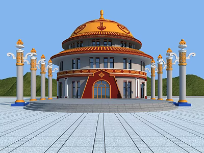 Traditional Dome Architecture With Orange Yellow Roof Red Door White Gold Pillars On Plaza 3d model