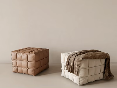 Two Brown and Beige Tufted Ottomans with Blanket in Minimalist Room 3d model