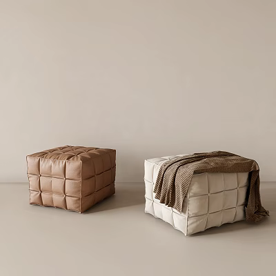 Two Brown and Beige Tufted Ottomans with Blanket in Minimalist Room 3d model