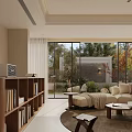 Modern Living Room Interior Design With Beige Sofa Round Rug Bookshelves And Large Windows
