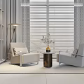 Elegant Casual Sofa Set With Gray Curtains And Blinds Small Round Table And Potted Plant