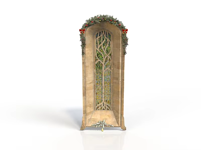 Decorative Architectural Archway With Green Foliage Red Accents And Stained Glass Tree Design 3d model