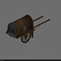 Vintage Wooden Covered Wagon Featuring Decorative Fabric Curtain And Large Wheels