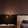 Modern Bedroom Interior With Wooden Slat Wall White Bed Frame Brown Bedding And Window Blinds