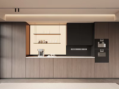 Modern Kitchen Sideboard With Wooden Tones Black Doors And Open Shelves 3d model