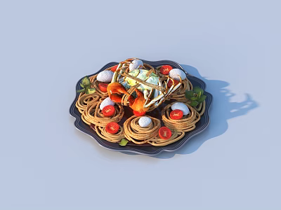 Delicious Spaghetti Dish With Crab Meat Cherry Tomatoes Boiled Eggs And Fresh Herbs 3d model