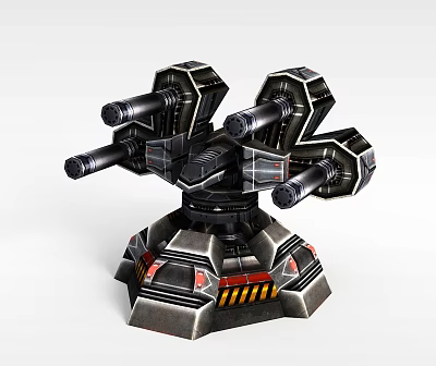 Futuristic Mechanical Defense Tower With Multiple Gun Barrels Metallic Structure And Red Accents 3d model