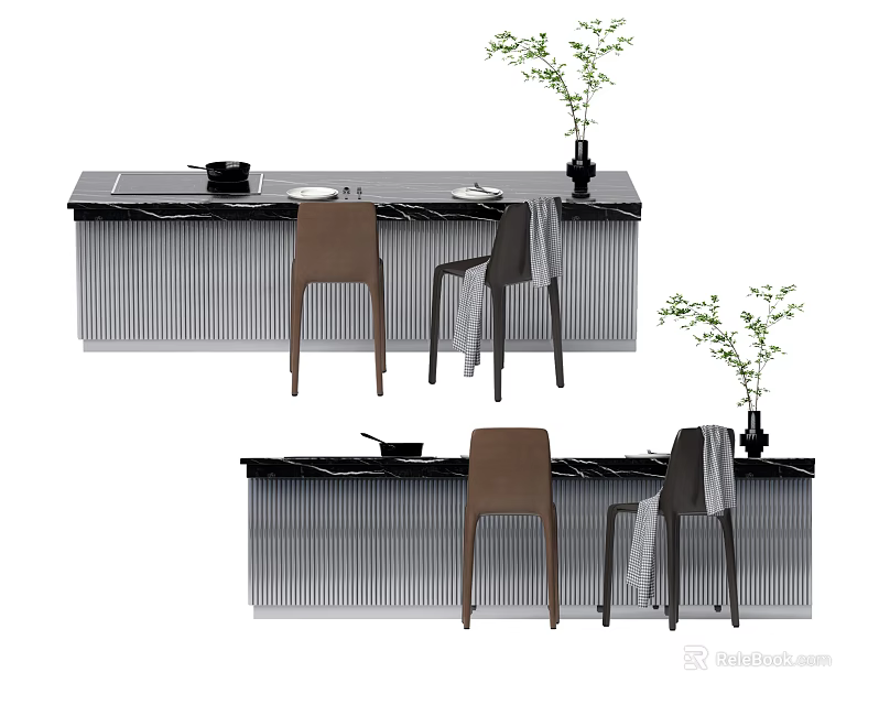 Modern Dining Table Set With Striped Design Chairs Vase Plants And Tableware 3d model