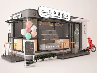Retro Design Food Truck Stall With Colorful Balloons Red Scooter And Menu Board 3d model