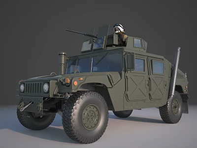 Green Military Humvee Vehicle With Roof Machine Gun Large Tires And Soldier 3d model