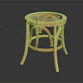 Wooden Rattan Round Stool with Curved Legs and Natural Handcrafted Design