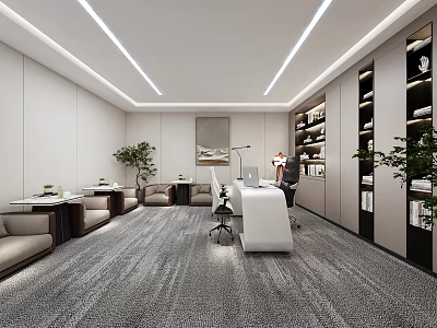 Modern Office Interior Design With White Desk Bookshelves And Potted Plants 3d model