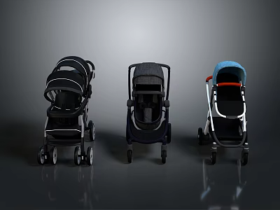 Modern Baby Strollers Display With Black Dark Blue And Light Blue Designs 3d model