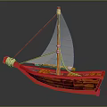 Wooden Boat With Red Hull White Sail Wooden Planks And Ropes Design