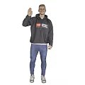 Man Wearing Gray Hoodie Red White Logo Jeans And White Sneakers Waving Hand Front Back