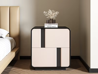 Modern Beige And Black Bedroom Nightstand With Decorative Dried Grass Vase 3d model