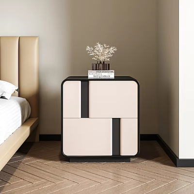 Modern Beige And Black Bedroom Nightstand With Decorative Dried Grass Vase 3d model