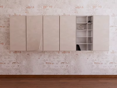 Light Wall Cabinet With Open Door Shelves Against Vintage Textured Wall Dark Wooden Floor 3d model