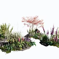 Natural Garden Flower Clusters With Red Trees Purple Blooms And Green Foliage
