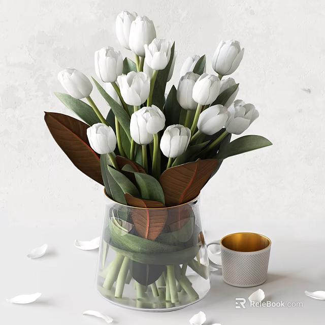 White Tulips Arrangement in Glass Vase With Green Brown Leaves And Gold Trim 3d model 