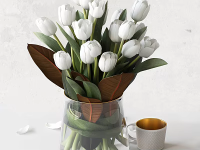 White Tulips Arrangement in Glass Vase With Green Brown Leaves And Gold Trim 3d model