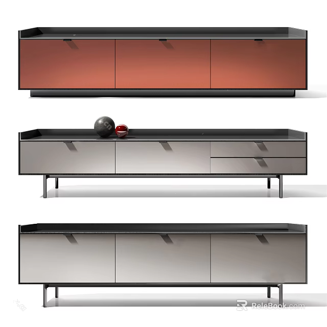 Modern TV Stand Design With Drawers Cabinets Metal Legs And Decorative Spheres 3d model 
