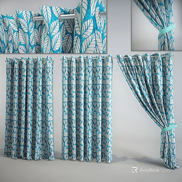 Blue and White Leaf Pattern Decorative Curtains for Home Decor Hanging and Tied Back 3d model 