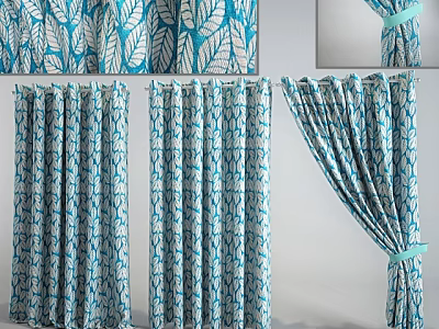 Blue and White Leaf Pattern Decorative Curtains for Home Decor Hanging and Tied Back 3d model