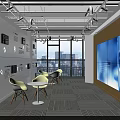 Spacious Public Office Space With Long Wooden Tables Ergonomic Chairs Open Bookshelves And Pendant Lights
