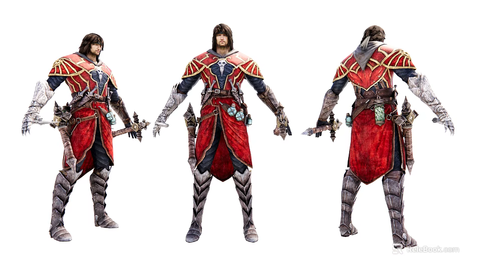 Game Movie Character In Red And Gold Armor With Sword Three Angles View 3d model 