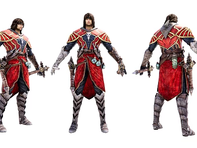 Game Movie Character In Red And Gold Armor With Sword Three Angles View 3d model