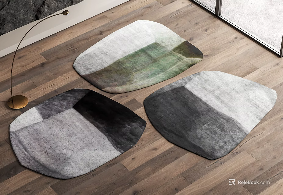 Stylish Color Block Rugs On Wooden Floor 3d model 
