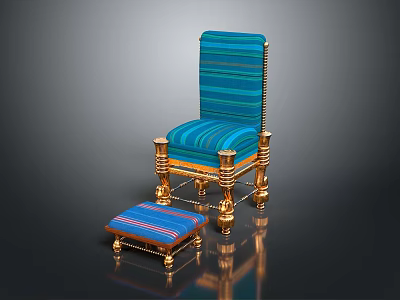 Blue Striped Decorative Chair With Golden Legs And Matching Ottoman 3d model