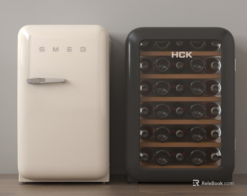 Stylish White SMEG Refrigerator and Black HCK Freezer for Modern Kitchen Use 3d model 