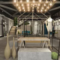 Modern Industrial Clothing Store Interior With Metal Racks Wooden Floor Hanging Lights And Plant Decor