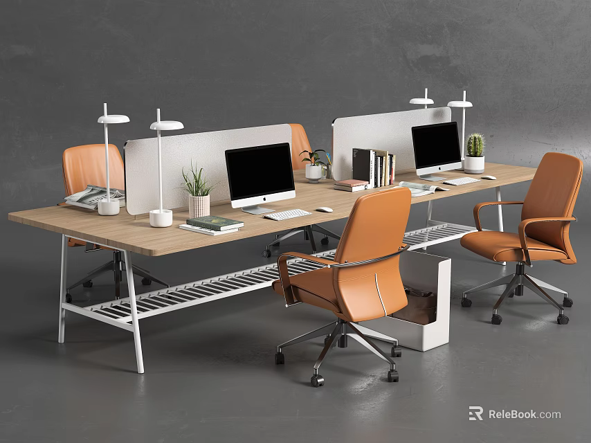 Modern Office Desk Setup With Multiple Workstations Orange Chairs And Office Supplies 3d model