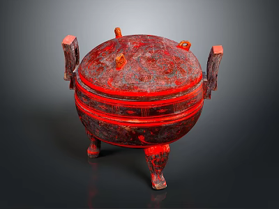 Red Lacquer Sculpture Featuring Carved Patterns Lid Three Legs and Side Handles 3d model