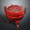 Red Lacquer Sculpture Featuring Carved Patterns Lid Three Legs and Side Handles 3d model