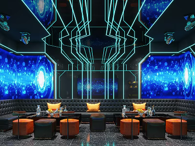 Futuristic Neon Bar Interior Design With Blue LED Backdrop Geometric Lines And Leather Sofa Seats 3d model