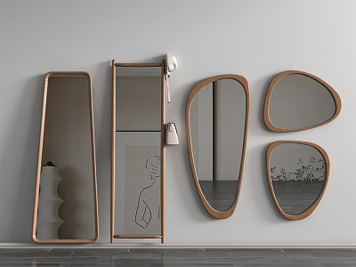 Modern Wall Mounted Mirrors With Various Shapes And Wooden Frames For Interior Decoration 3d model