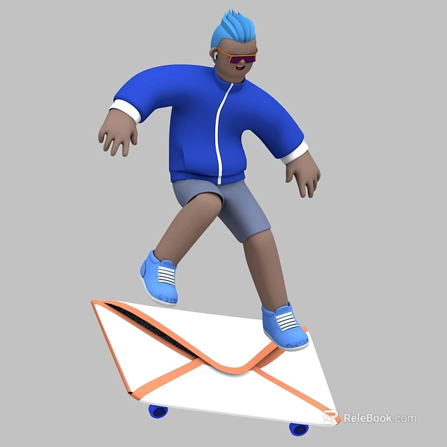 Man Wearing Blue Jacket Gray Shorts And Sunglasses Standing On White Orange Envelope 3d model 