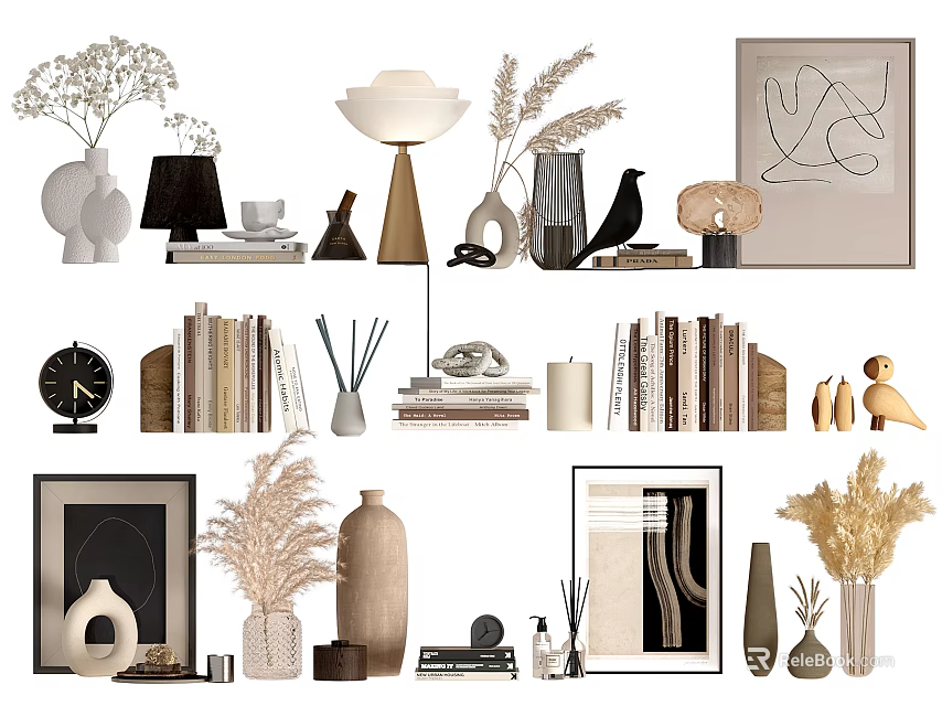 Decorative Ornaments Set With Vases Lamps Books Picture Frames Sculptures And Dried Plants 3d model 