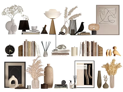 Decorative Ornaments Set With Vases Lamps Books Picture Frames Sculptures And Dried Plants 3d model