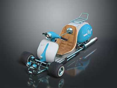 Vintage Blue And White Motorcycle With Number 66 Brown Seat And Metal Frame 3d model