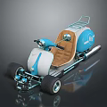 Vintage Blue And White Motorcycle With Number 66 Brown Seat And Metal Frame