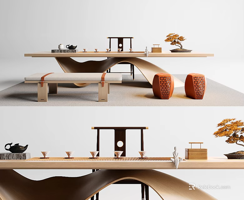 Modern Wooden Tea Table And Chairs With Curved Design Tea Sets Decorative Plants And Stools 3d model 