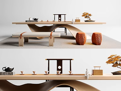 Modern Wooden Tea Table And Chairs With Curved Design Tea Sets Decorative Plants And Stools 3d model