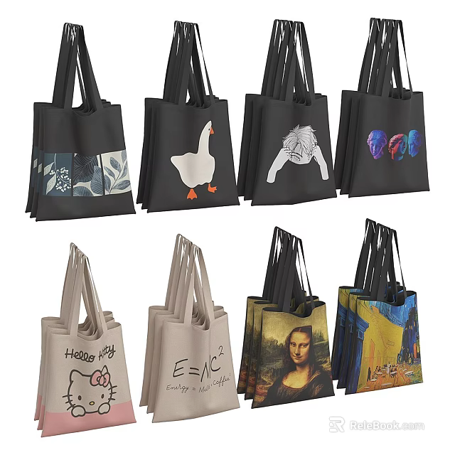 Various Designed Tote Bags Featuring Hello Kitty E=mc² Mona Lisa And Colorful Patterns 3d model 