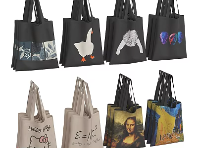 Various Designed Tote Bags Featuring Hello Kitty E=mc² Mona Lisa And Colorful Patterns 3d model