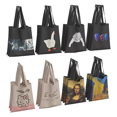 Various Designed Tote Bags Featuring Hello Kitty E=mc² Mona Lisa And Colorful Patterns 3d model